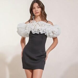 NWT Black White Ruffle Off Shoulder Mini Dress Women's M Cocktail Party Prom